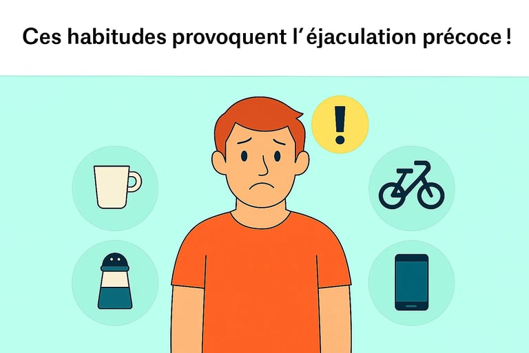 Homme inquiet entouré d’icônes représentant des habitudes liées à l’éjaculation précoce, habitudes qui donnent l'éjaculation 