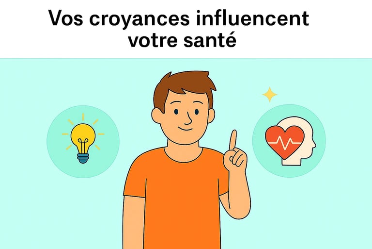Homme souriant levant le doigt avec une ampoule et une icône santé mentale, illustrant l’effet Pygmalion sur la santé, commen