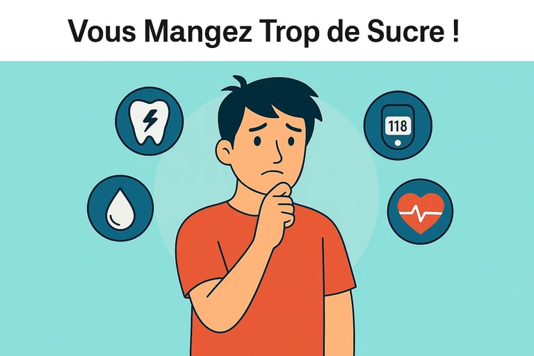 Illustration d’un homme inquiet entouré de symboles de santé liés à une consommation excessive de sucre (dents, glycémie, cœu