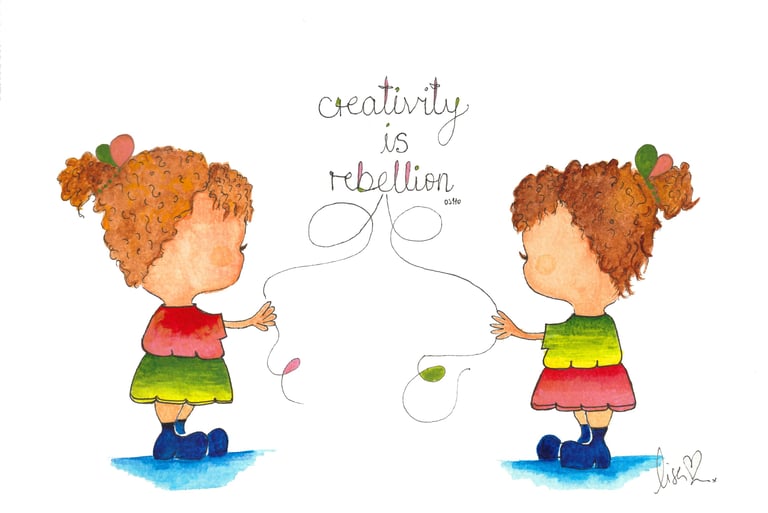 Watercolor illustration of two girls holding strings with the text creativity is rebellion.