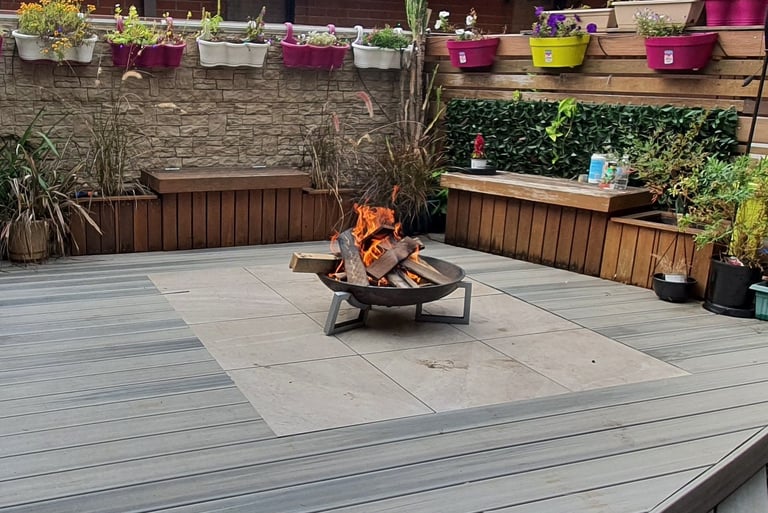 TIles incorporated into deck for fire pit