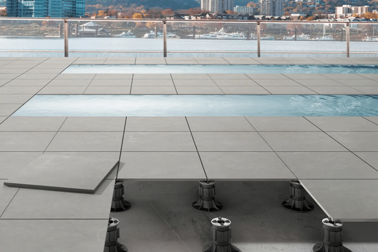 Tiles on pedestals near pool