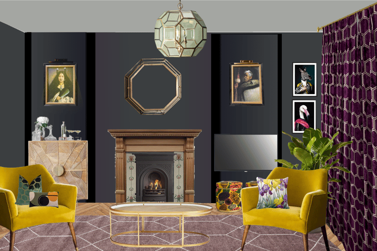 Art Deco inspired Adult zone with dark moody walls, bar area, television and plush velvet seating