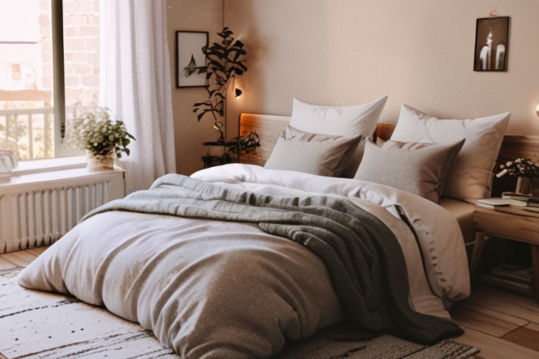 a bed with a blanket on top of a bed