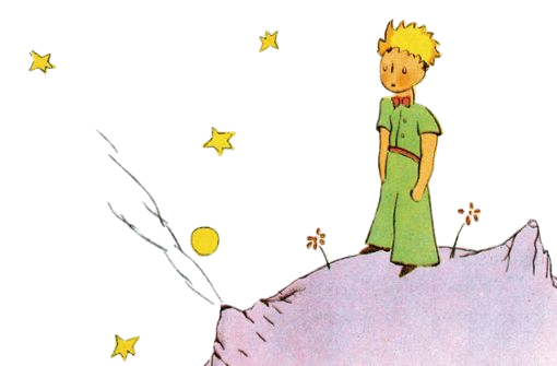 Der kleine Prinz steht im grünen Anzug auf einem Planeten, um ihn Sterne (Zeichnung Antoine de Saint Exupery=