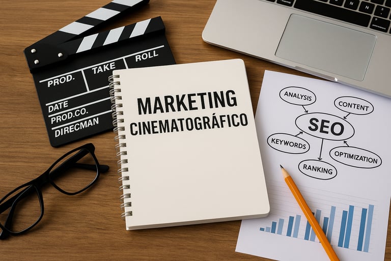 Mesa de trabajo con cuaderno titulado 'Marketing Cinematográfico', claqueta de cine, gafas, gráfico