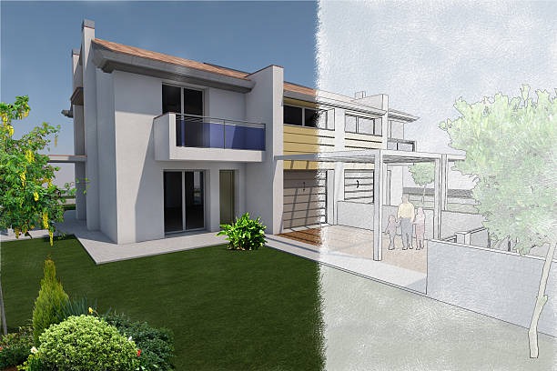 an after and before image of virtual rendering of a construction
