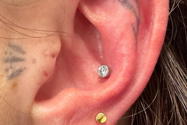 Professional conch piercing with titanium stud in Montrose