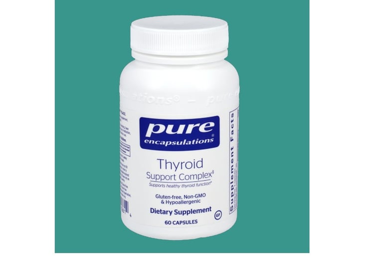 Bottle of Pure Encapsulations Thyroid Support Complex dietary supplement,