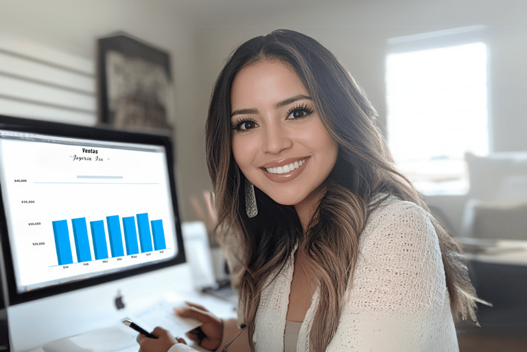 Mujer emprendedora sonriente analiza gráficas en su computadora, representa estrategia, crecimiento y toma de decisiones digi