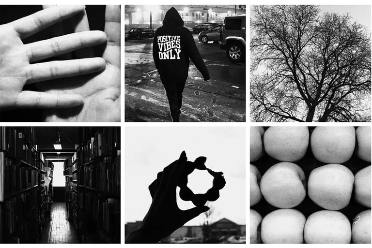 Six different black and white images, various subjects.