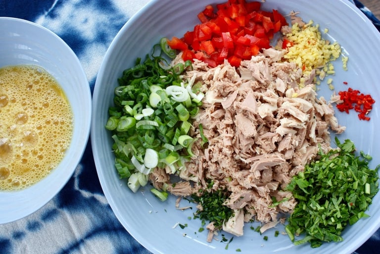 chopped ingredients for Thai tuna cakes