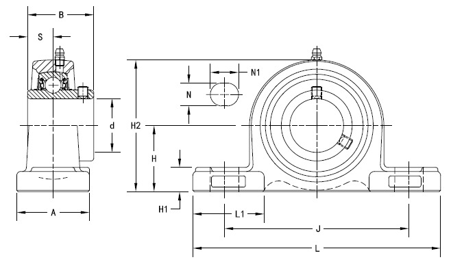 Pillow block bearing dimensional reference drawing showing bore diameter, center height, bolt spacin