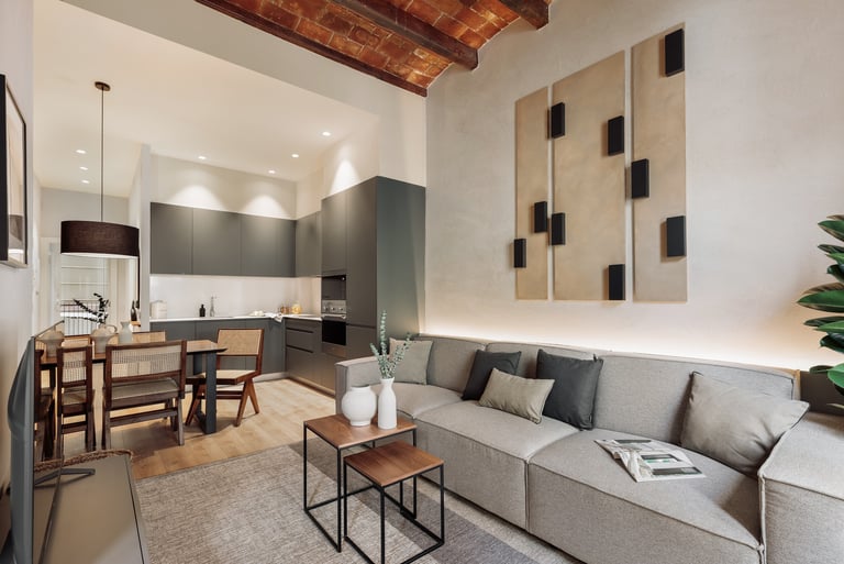 Contemporary Living room with custom art panels, open kitchen and a mix of modern and rustic design