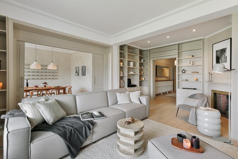 Living area with elegant decor, custom art, and calm beige tones, designed by SAVIA in Barcelona