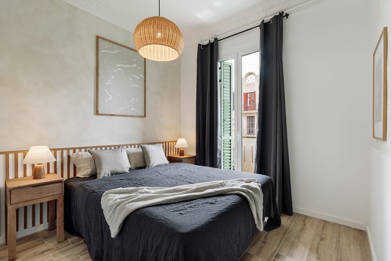 Elegant bedroom with natural textures, custom headboard, and calming color palette interior design