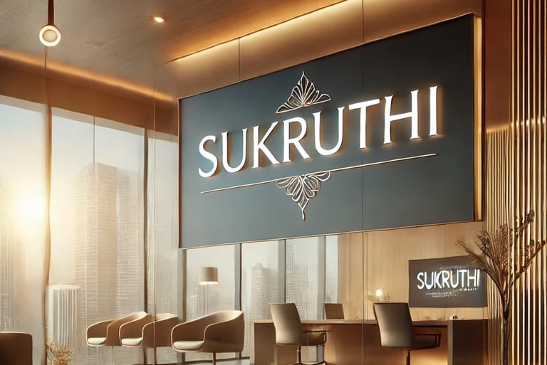 A modern office of 'Sukruthi' displayed on the wall, featuring warm lighting & contemporary decor.