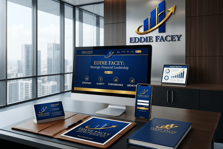 Corporate branding and financial advisor marketing materials for Eddie Facey in a modern office.