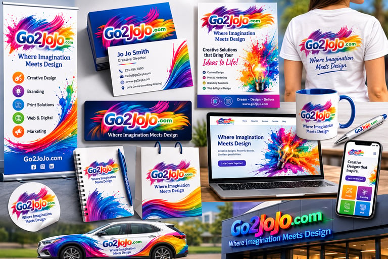 Branding kit for Go2JoJo graphic design services featuring colorful logos on business cards, stationery, apparel, and a car