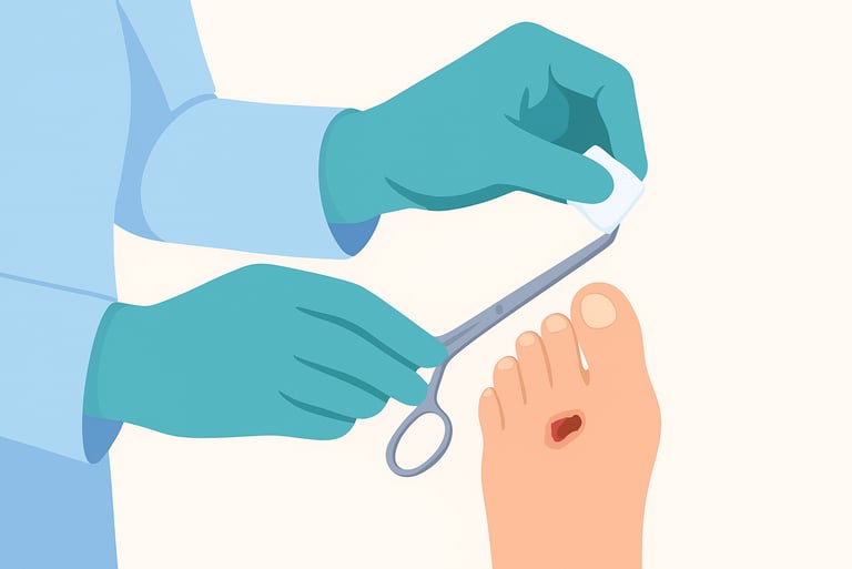 a medical professional treating a foot wound with debridement tools