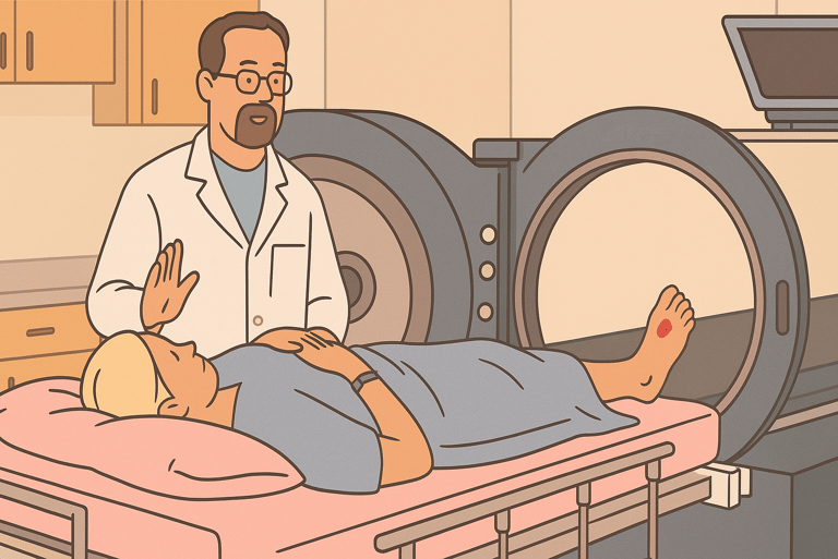 a patient with a foot ulcer going into a hyperbaric oxygen therapy chamber