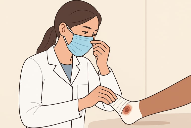 medical professional removing an odorous ankle bandage