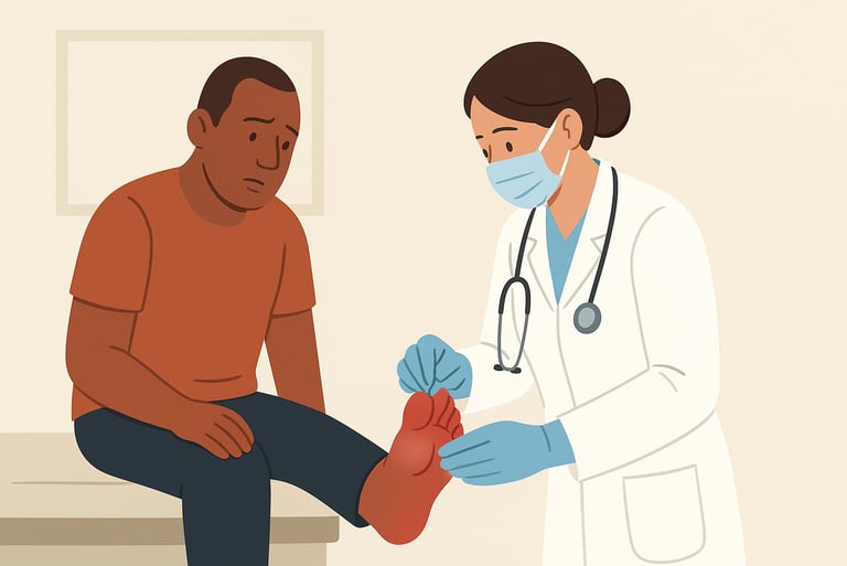 a medical professional inspecting a swollen toe