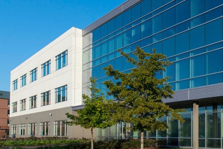 a building with a tree in the foreground and a tree in the background