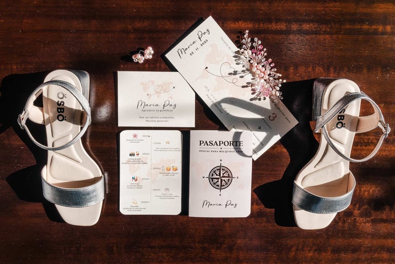 Fotografía de detalles de quinceaños, zapatillas, invitaciones en Quito