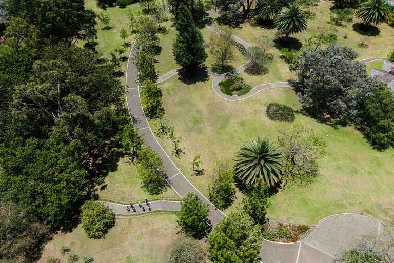 Fotografía de dron de un terreno con senderos y muchos árbolas en inmueble de Quito Ecuador