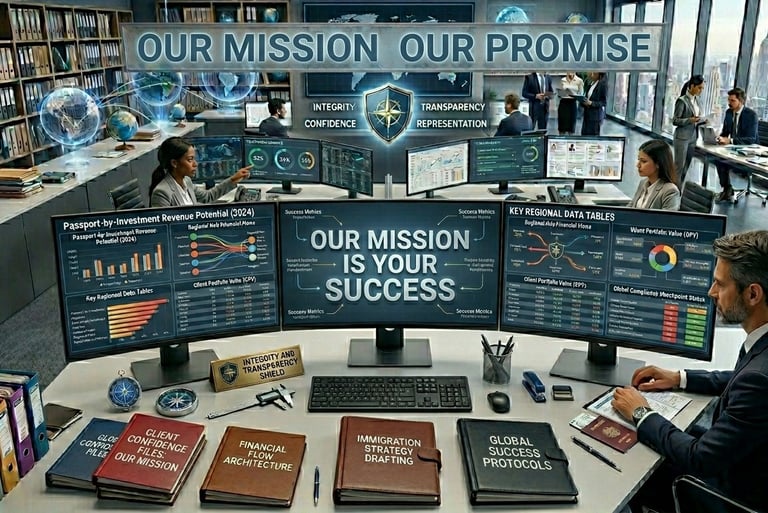 Office scene with screens displaying data, including a prominent central message: "OUR MISSION IS YO
