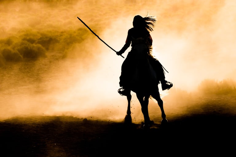 Silhouette of a young lady riding a horse through golden dust at sunset.