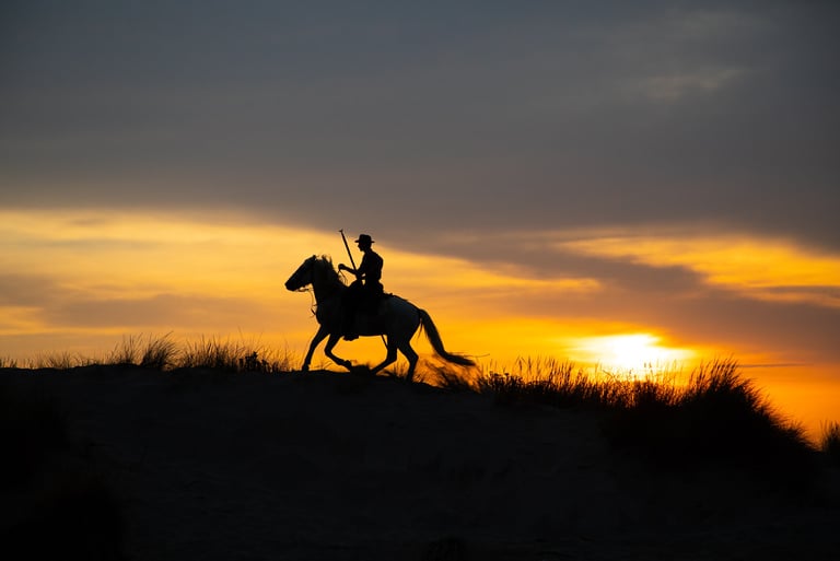 Silhouette of a cowboy riding a horse across sand dunes against a vibrant orange sunset sky.
