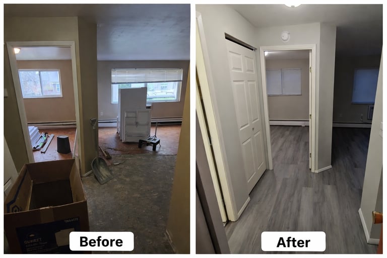 Before and after vinyl plank flooring installation in a unit turnover by Sanda Repairs