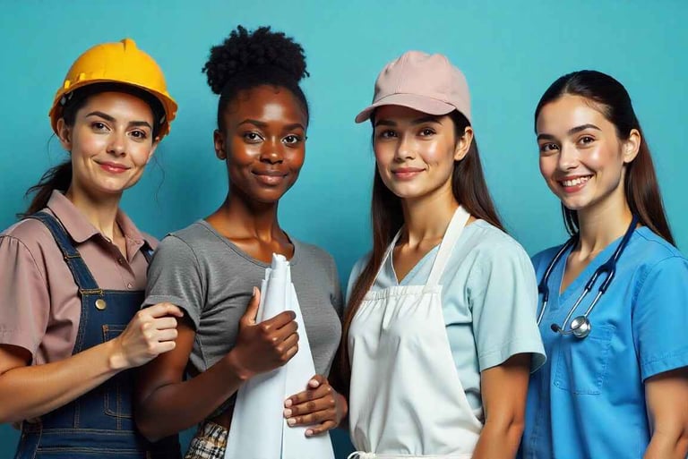 4 women each wearing trade clothes for construction, architecture, culinary arts, and medicine