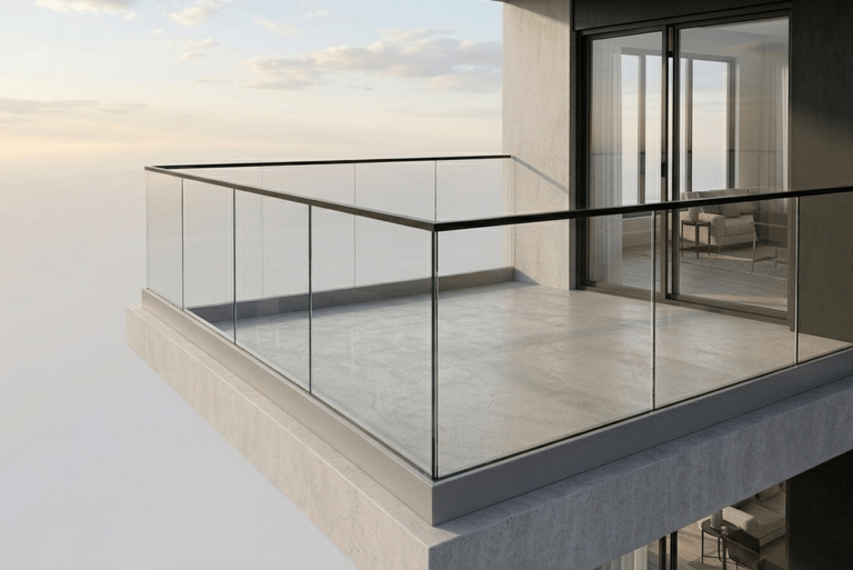 Modern luxury apartment balcony featuring a frameless glass railing system and concrete flooring.