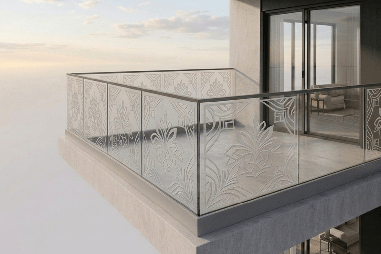 Modern high-rise balcony featuring decorative etched glass railings with floral patterns and a scenic sky view.