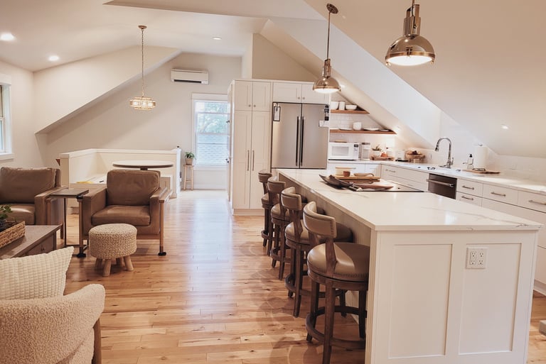 New White Kitchen, white counters, wood floating shelves, ADU renovation