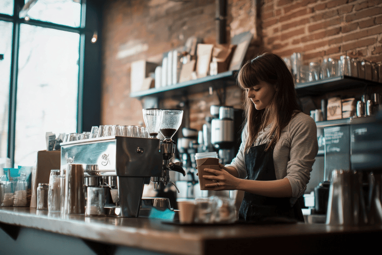 Barista preparando café em cafeteria, mostrando como fazer café bom com máquina profissional
