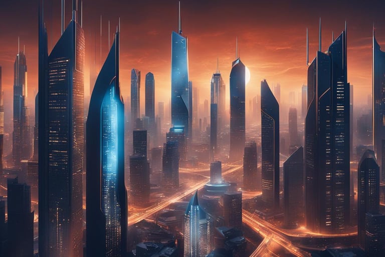 A futuristic city skyline with multiple high-rise buildings