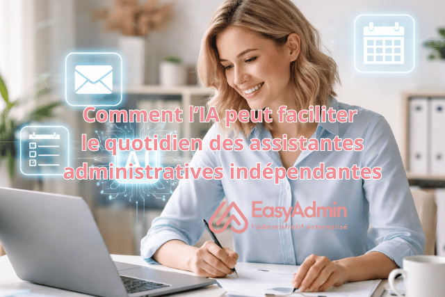 Assistante administrative indépendante utilisant un ordinateur avec des icônes d’IA et de gestion
