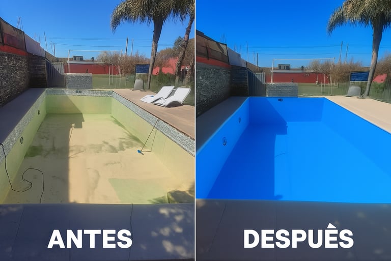 Antes y después de plastificado de piscina de hormigón en Zona Oeste