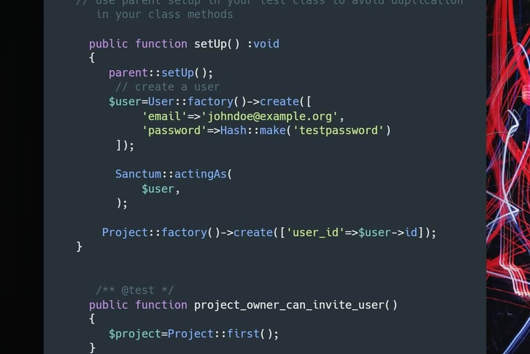 Laravel tip about using setup method in test class