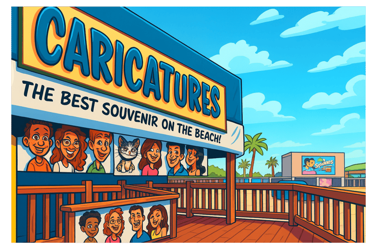 Color cartoon of caricature booth at the beach.