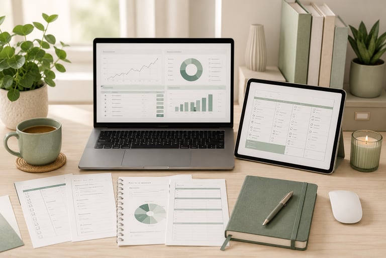 Workspace with laptop dashboard, tablet planner, printable pages, notebook, and green accents.