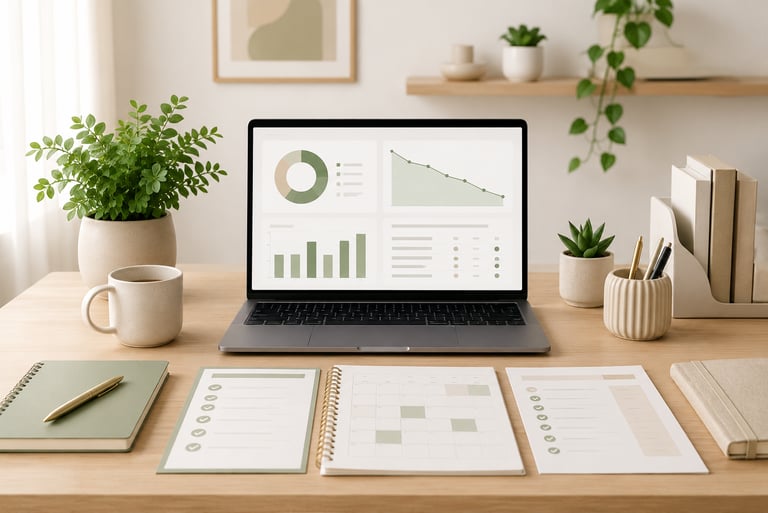 Laptop and tablet displaying digital planning tools with printable pages and greenery.