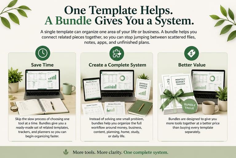 Digital template bundle benefits banner with planning tools, dashboards, and bundled templates.