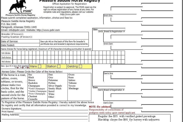 Click for larger version of 1st page of gaited horse application form