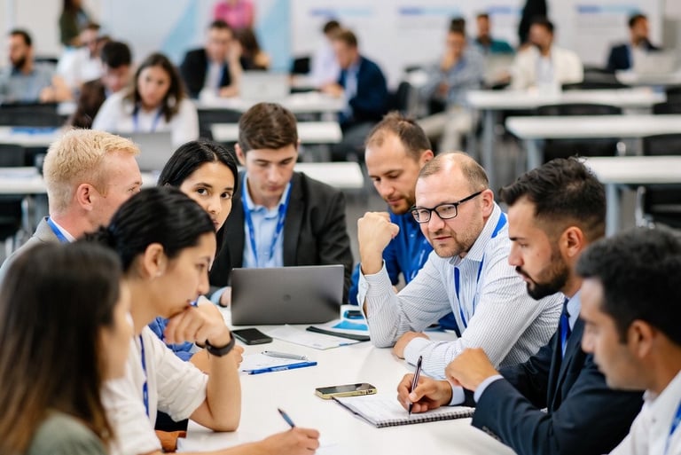 Image created with the AI program Grok showcasing a group of translators & interpreters talking