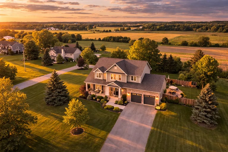 Aerial view of a modern home at dusk within a residential neighbourhood